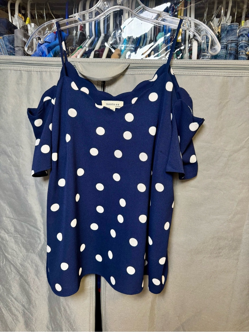Monteau Navy Polka Dot Cold-Shoulder Top, Size L